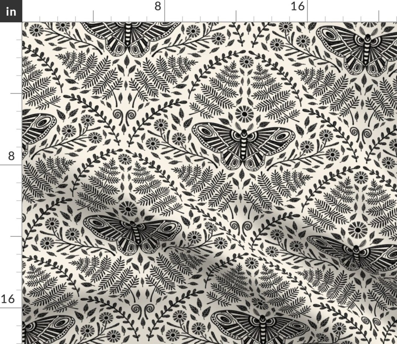 Dark Boho Witchy Moody Luna Moth Floral Woodland Forest Whimsical Whimsigoth Cottagecore Witchcraft Bohemian Eclectic Damask Hand Drawn Woods Custom Printed Fabric by Spoonflower Various Fabrics by the Yard or Fat Quarter